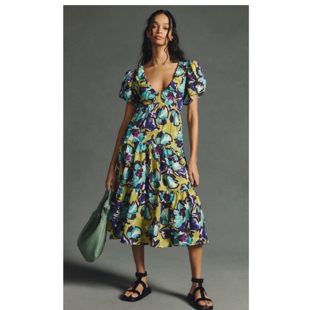 NWT Anthropologie Puff Sleeve Midi in Chartreuse size M